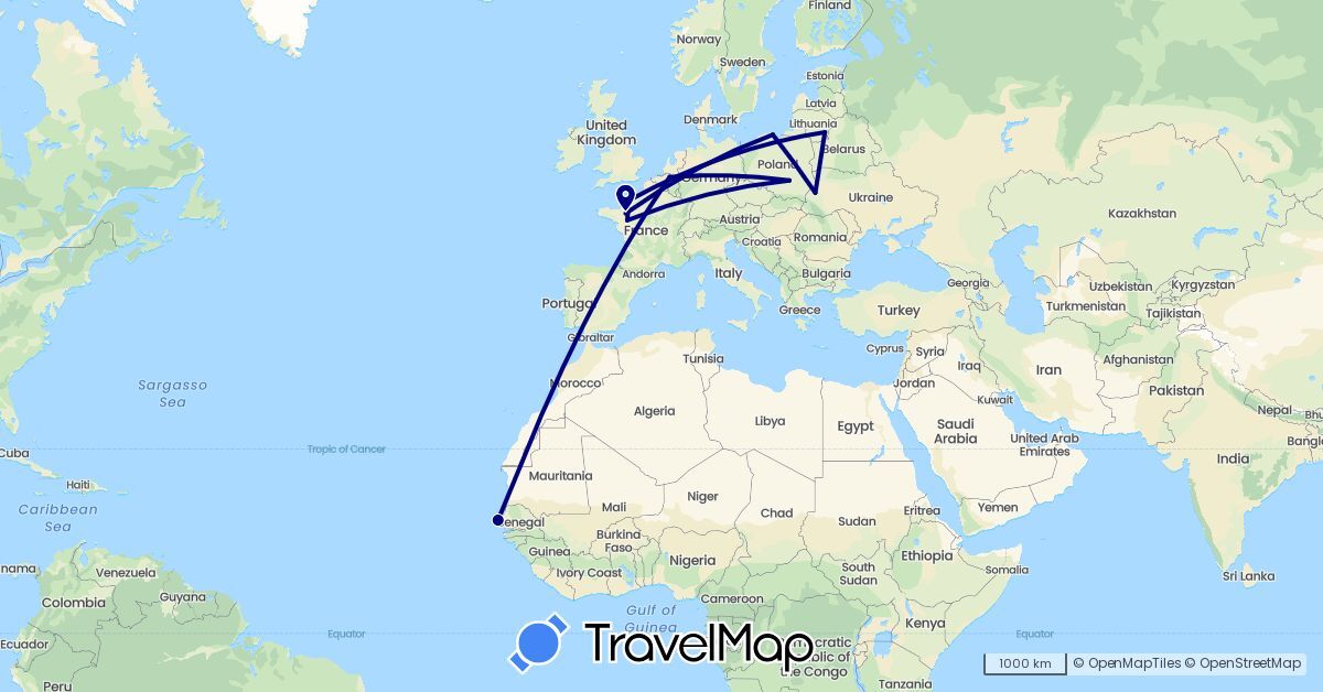 TravelMap itinerary: driving in Belgium, France, Lithuania, Poland, Senegal, Ukraine (Africa, Europe)